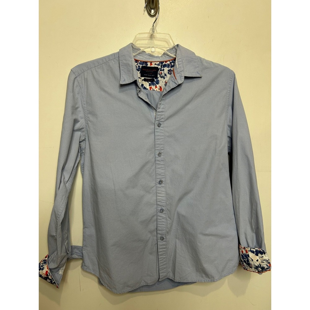 Denim & Flower Ricky Singh‎ Mens L Slim Fit Blue Floral Trim Button Down